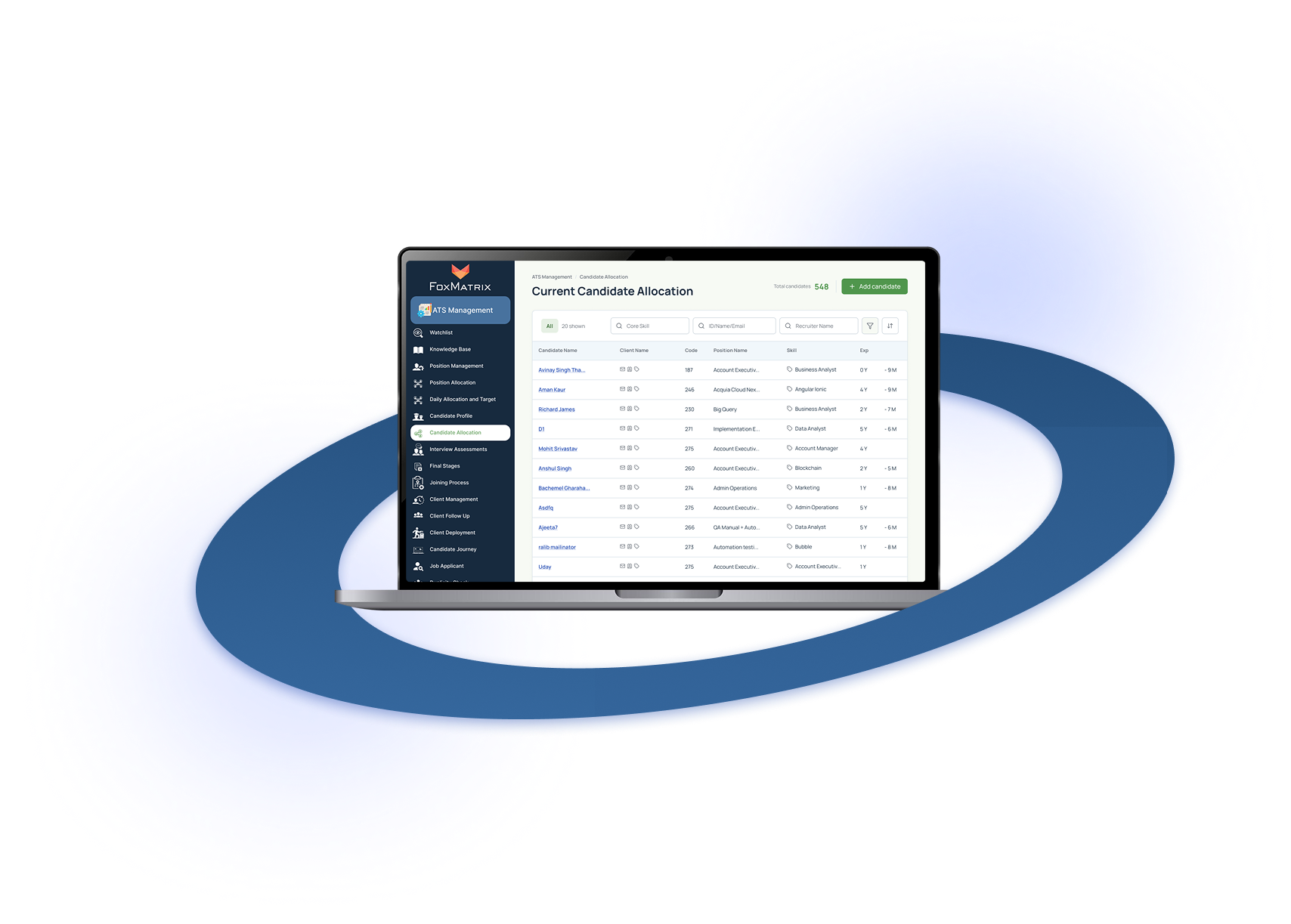 Laptop showing the FoxMatrix ATS candidate allocation dashboard