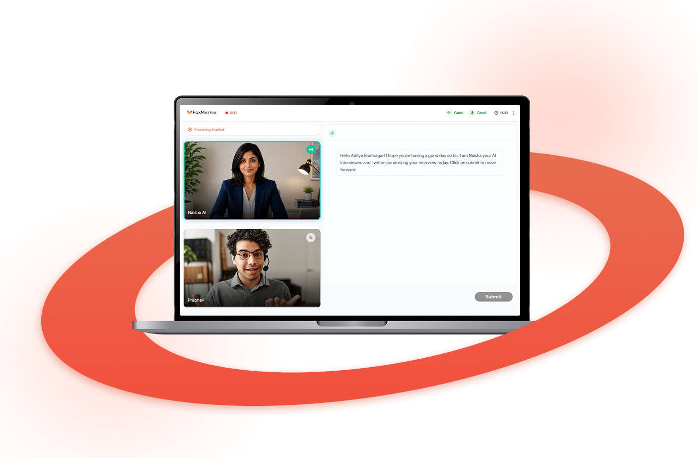 Laptop showing a live video interview, surrounded by a decorative ring graphic