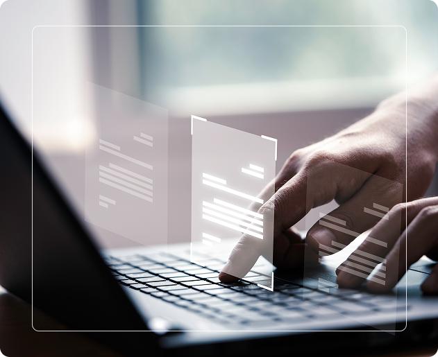 Hand selecting a candidate profile card on a laptop