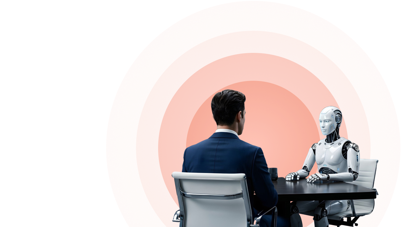 Candidate in an AI-led interview with a humanoid interviewer robot